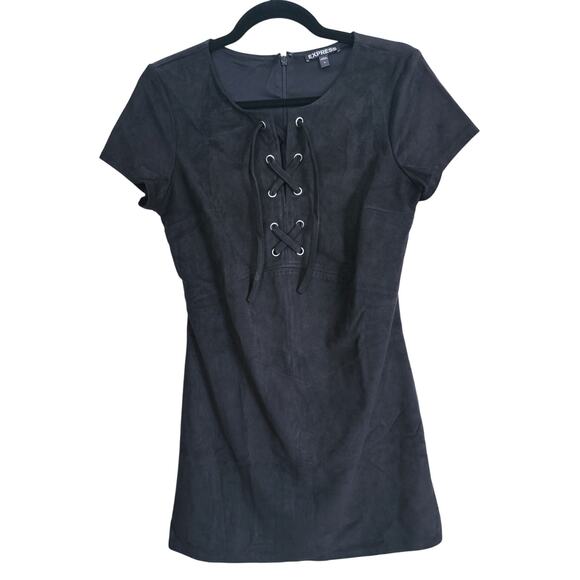 Express Black Lace-Up Suede Mini Dress 6 Dark Academia Edgy Fall School Girl - Picture 3 of 9